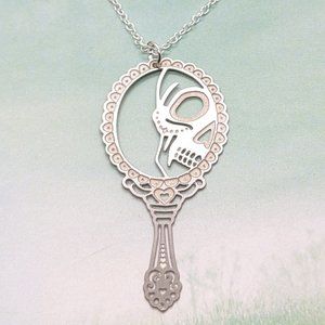 Gothic Skull in Looking Glass Mirror Silver Necklace